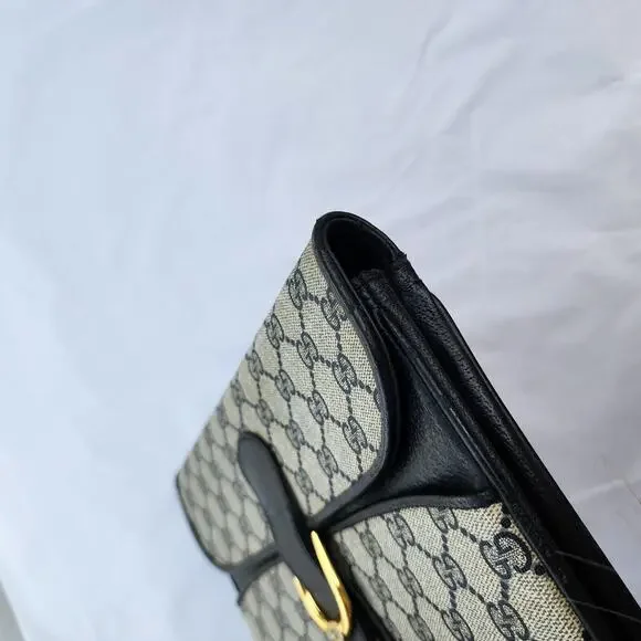 VINTAGE Gucci GG Web Coated Canvas Shoulder Bag Blue White Leather Trim Chain - Picture 6 of 14